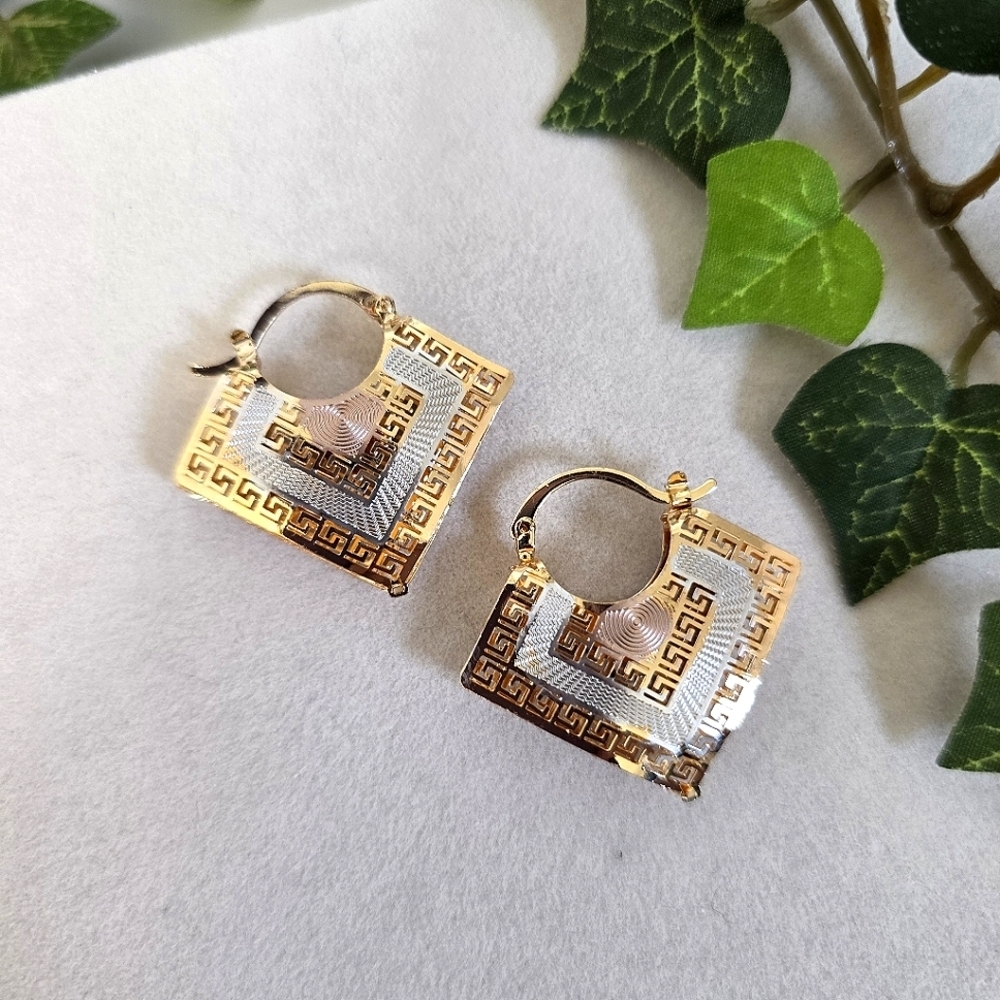Gold Filled Cut Out Greek Key Basket Earrings